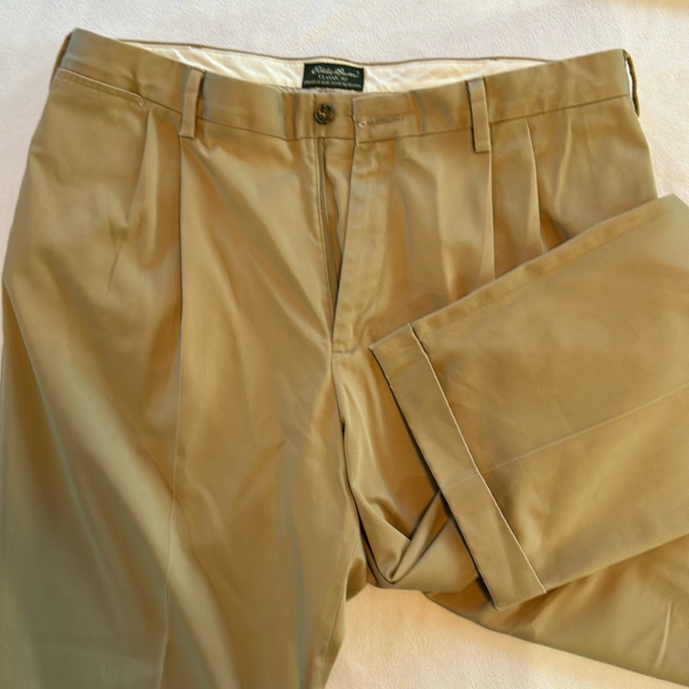 Eddie Bauer men’s tall 38x34 dress khakis.  Pleated and cuffed